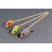 Игрушка д/кошек Дразнилка WOGY Мышка 9х4х3.5см с мататаби и колокольчиком на деревянной палочке l=40см, микс арт.2024-7828 Код274819