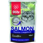 BLITZ 85гр д/к Sensitive Лосось с индейкой, кусочки в соусе, корм консерв. полнорац.